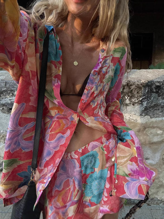 Printed Long-sleeved V-neck Loose Two-piece Suit