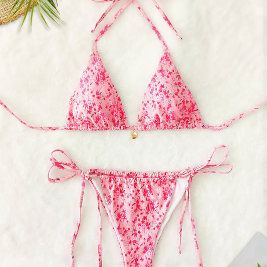 Pink Floral Lace-up Bikini Swimsuit