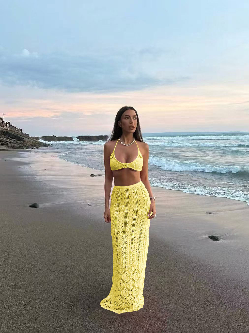 Two-piece Long Floral Beach Cover Bikini Set