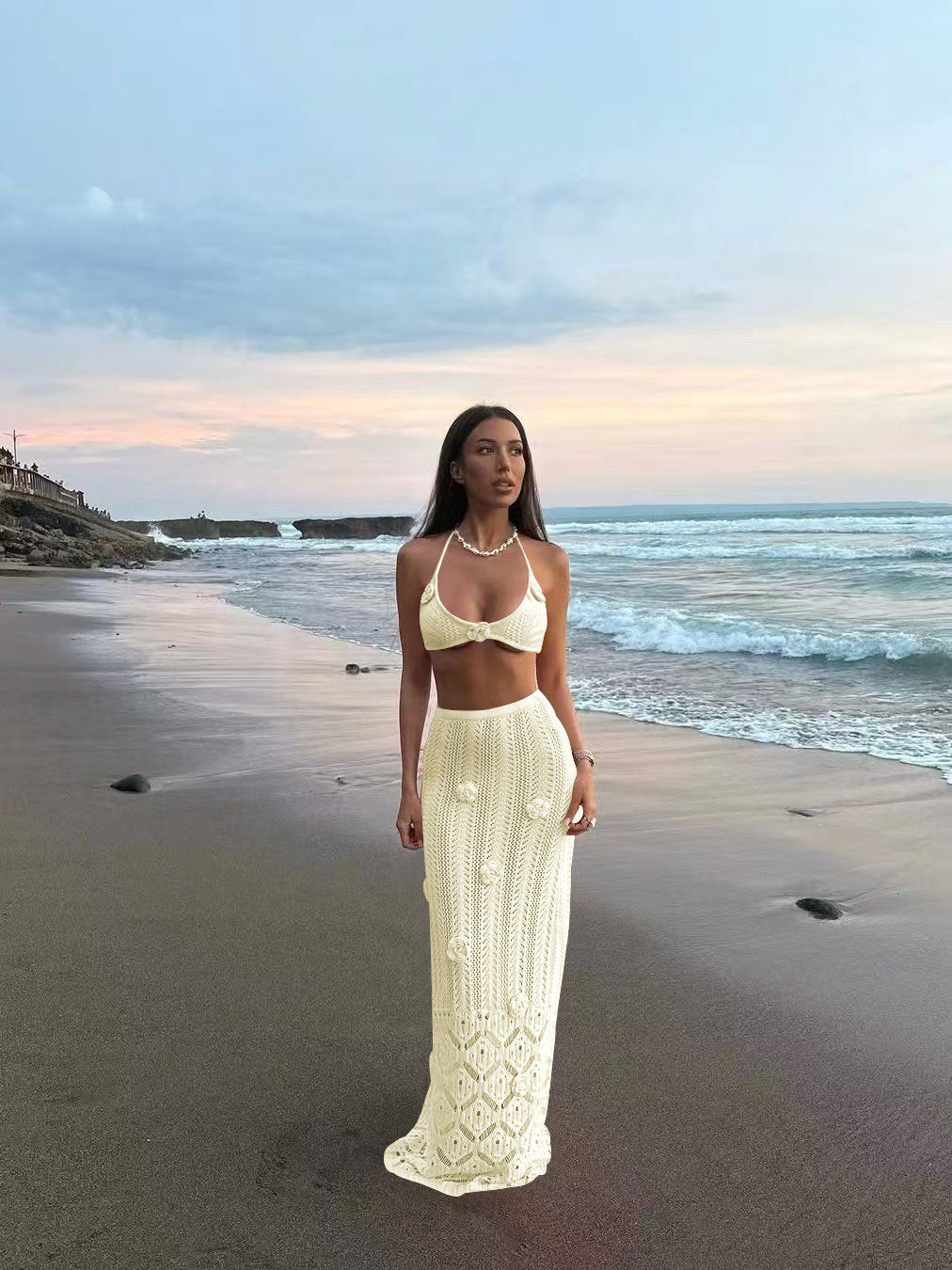 Two-piece Long Floral Beach Cover Bikini Set