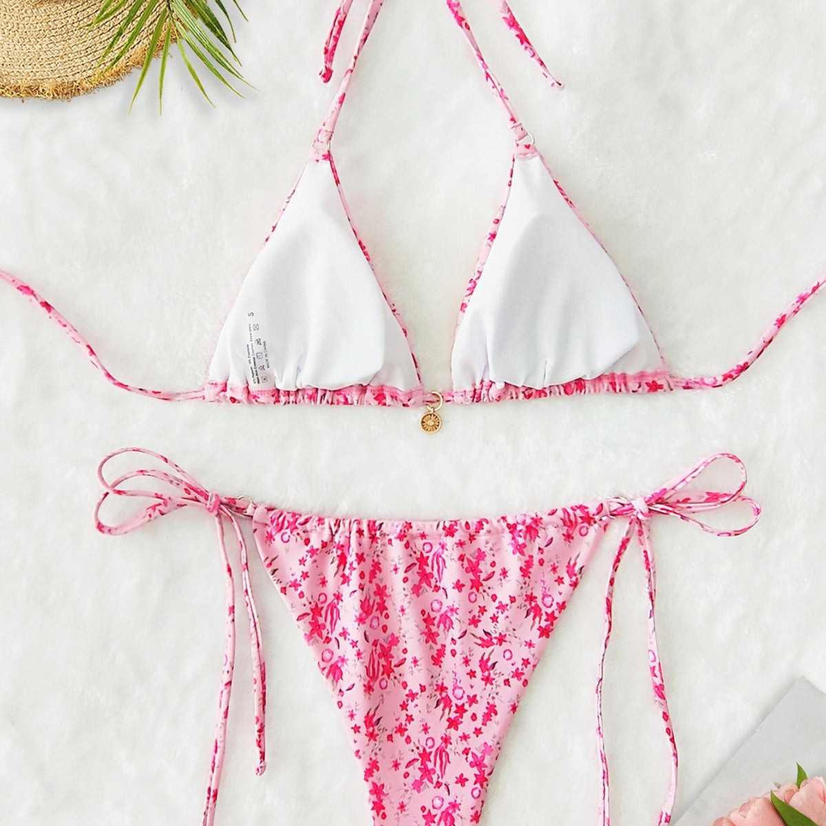Pink Floral Lace-up Bikini Swimsuit