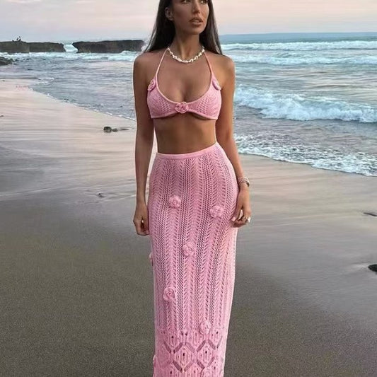 Two-piece Long Floral Beach Cover Bikini Set