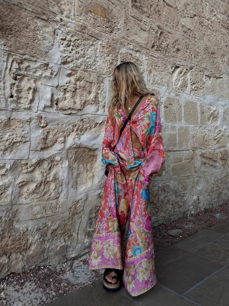 Printed Long-sleeved V-neck Loose Two-piece Suit