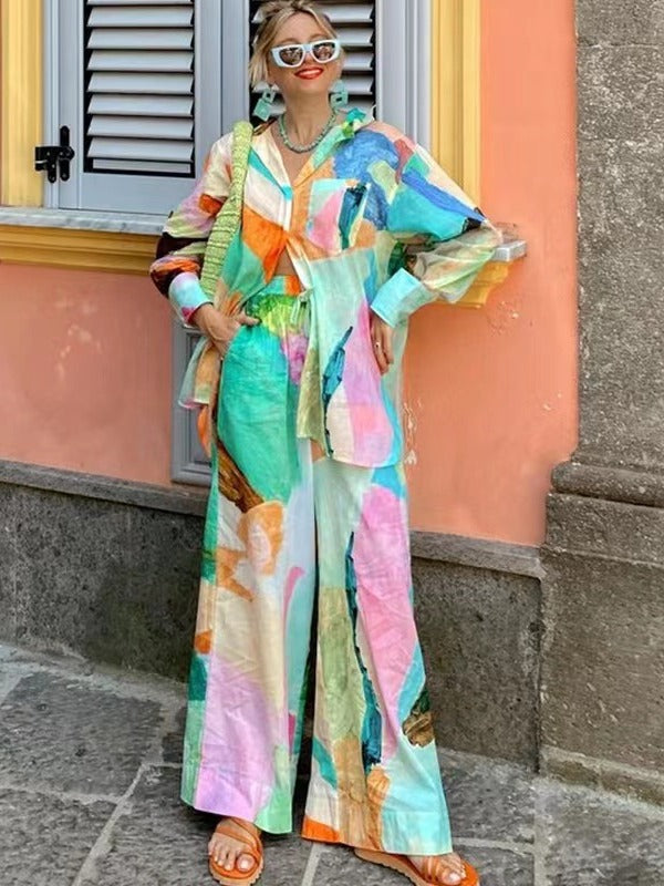 Printed Long-sleeved V-neck Loose Two-piece Suit