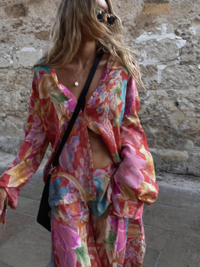 Printed Long-sleeved V-neck Loose Two-piece Suit
