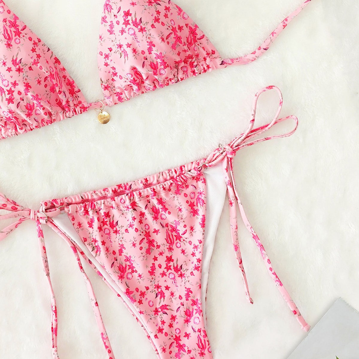 Pink Floral Lace-up Bikini Swimsuit