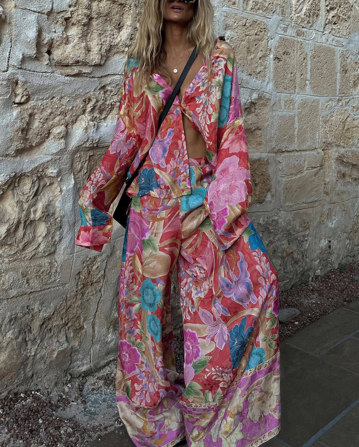 Printed Long-sleeved V-neck Loose Two-piece Suit