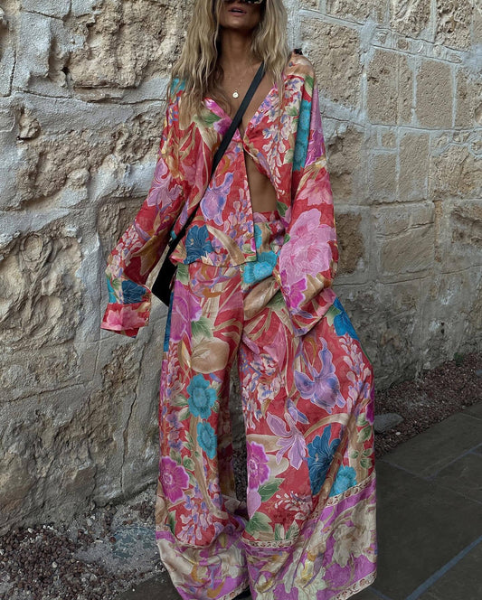 Printed Long-sleeved V-neck Loose Two-piece Suit