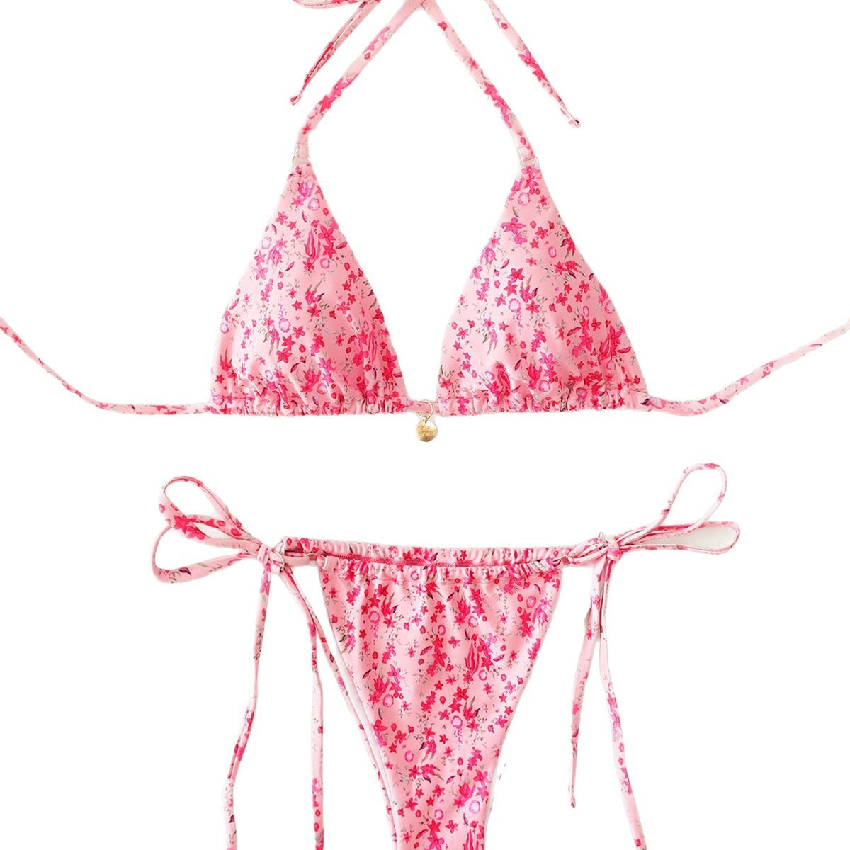 Pink Floral Lace-up Bikini Swimsuit
