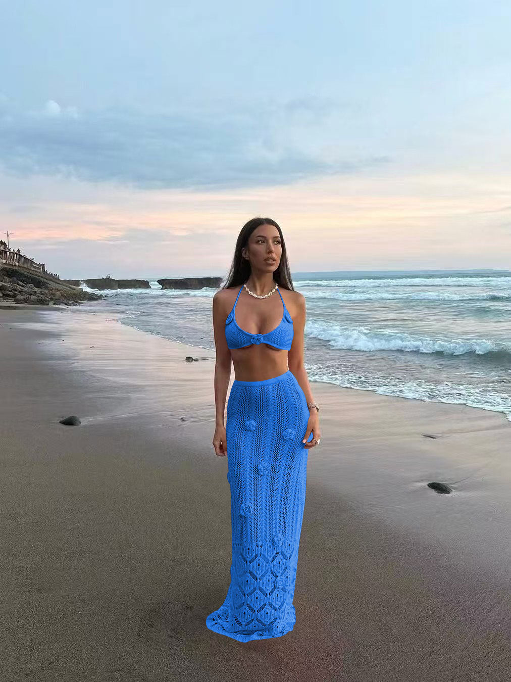 Two-piece Long Floral Beach Cover Bikini Set