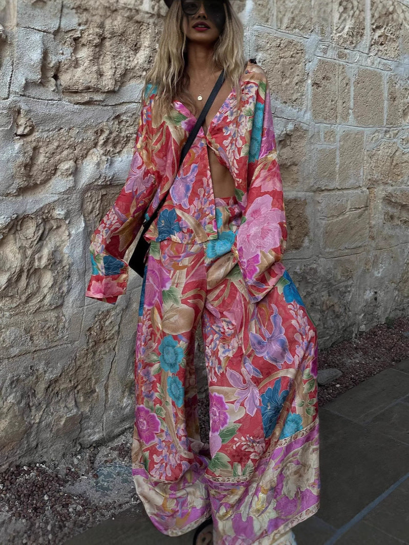 Printed Long-sleeved V-neck Loose Two-piece Suit