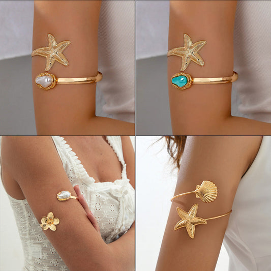 Beach-style Starfish Shell Pearl Open Arm Bracelet