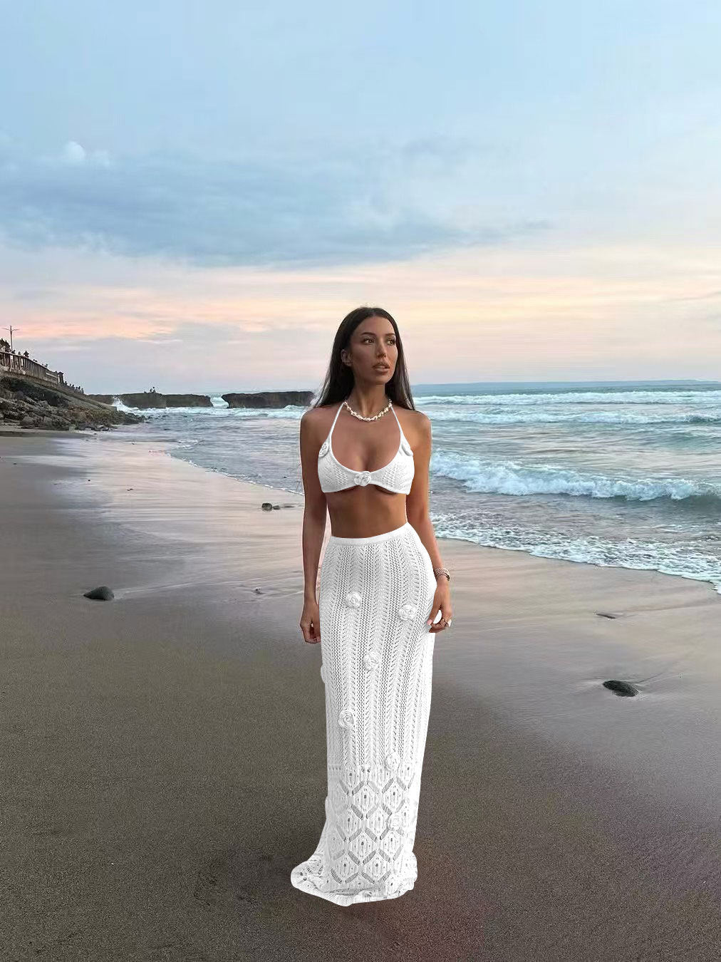Two-piece Long Floral Beach Cover Bikini Set