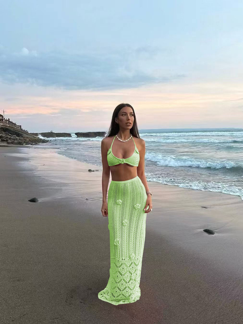 Two-piece Long Floral Beach Cover Bikini Set